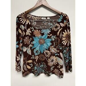 Y2K Babydoll Fairy Top Chocolate Brown & Teal Groovy Large Floral Hippie Boho